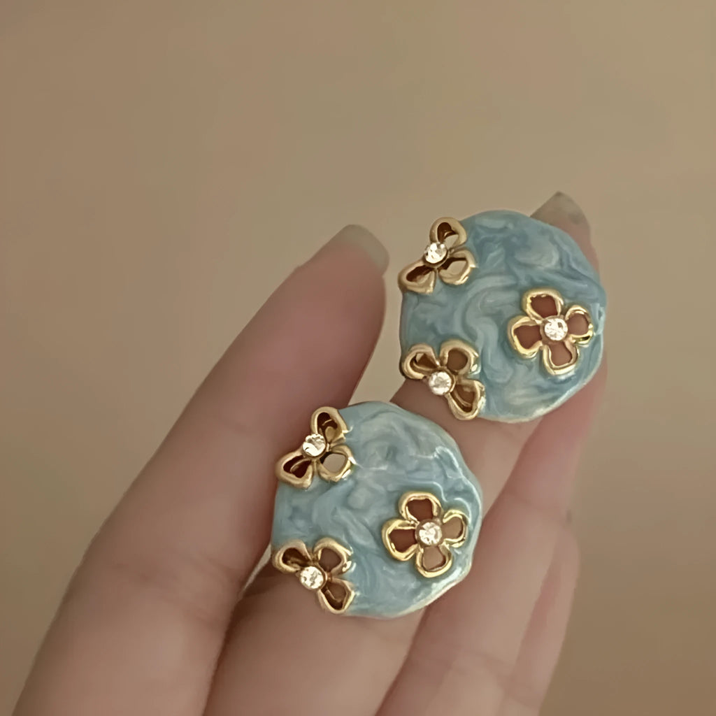 Mixed material geometric earrings with drip-glazed rose zircon detail, electroplating finish, mid-century style unisex design