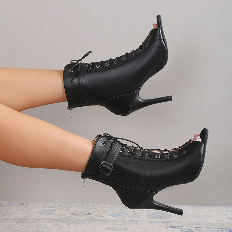 Black women's peep toe high heel pumps with lace-up buckle straps, back zipper, PU upper, and rubber sole.