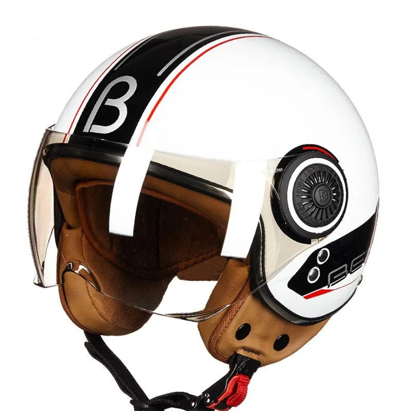 Retro-style half helmet for battery cars in bright blue and red colour combination showing ABS construction