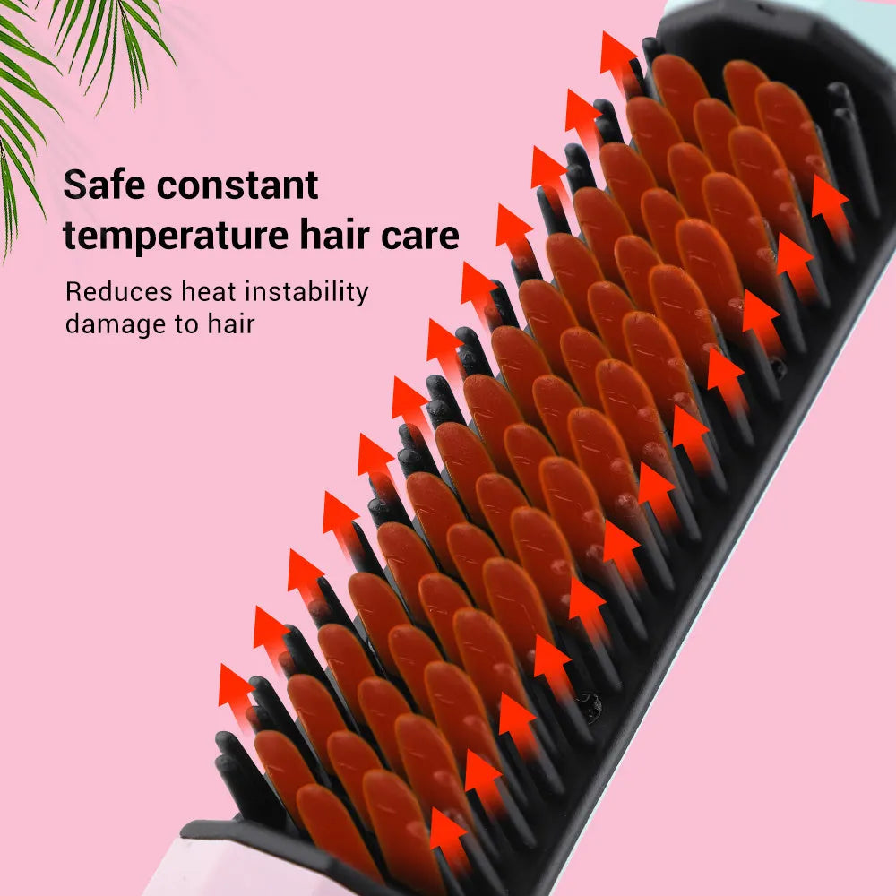 Cordless straightening comb in pink with anti-scald design, 4000mAh battery, and USB charging cable