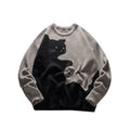 Men's cat pattern round neck knitted sweater in black, pullover style with jacquard design