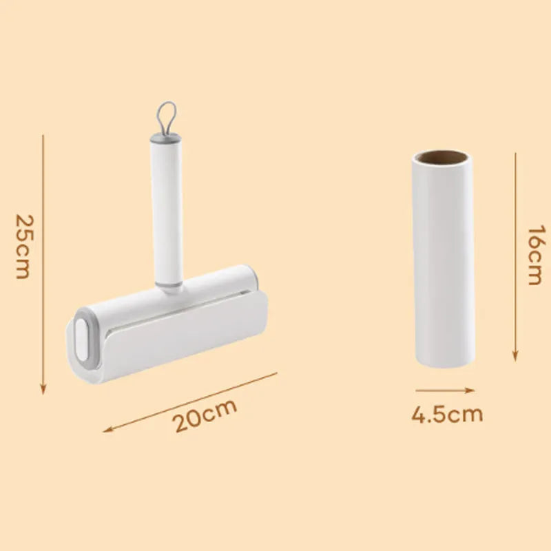 Floor lint remover roller tool for pet hair and dust removal with refillable adhesive roller core.
