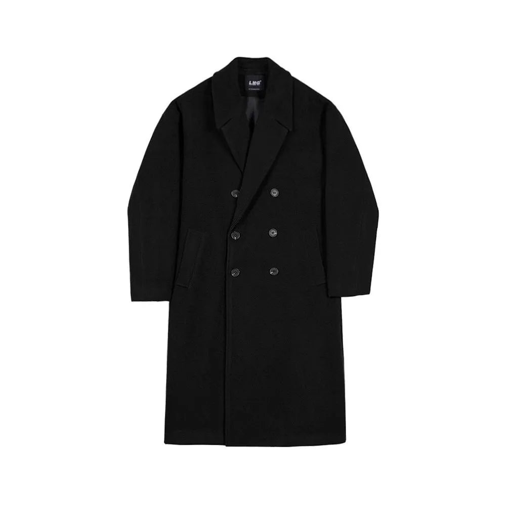 Men's thick loose wool overcoat in black, brown, and dark gray, polyester blend, sizes M-5XL