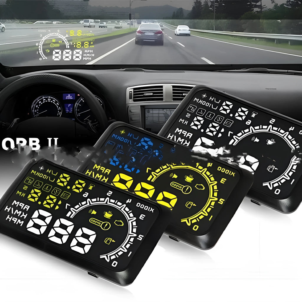 Black ABS head up display with multicolour nanotechnology screen on a non-slip mat for OBD II cars