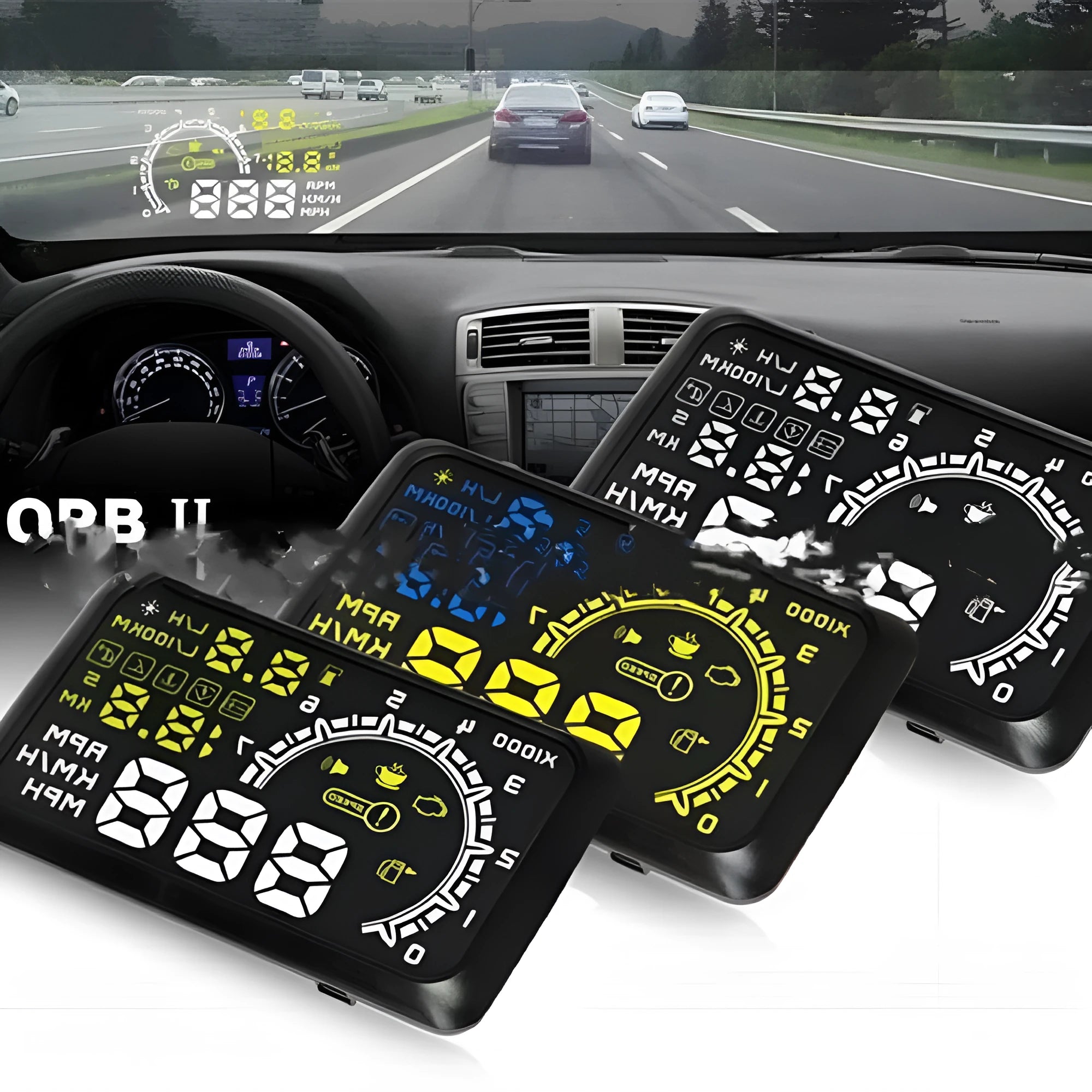 Black ABS head up display with multicolour nanotechnology screen on a non-slip mat for OBD II cars