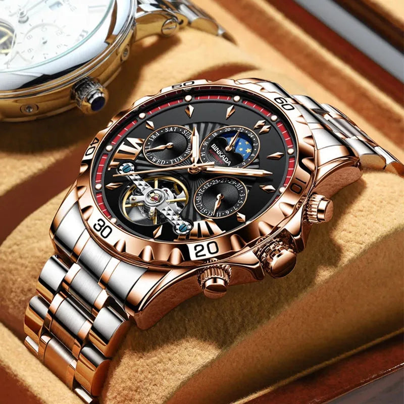 Full-automatic waterproof luminous mechanical watch for men with steel bracelet in black, 13mm thickness