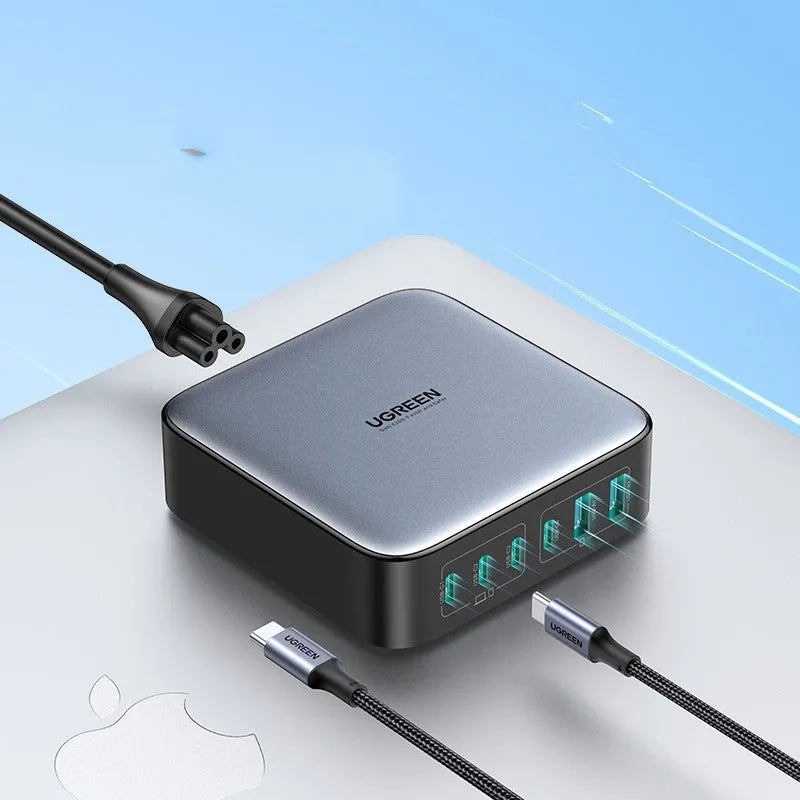 Compact 100W Gallium Nitride GaN fast charger plug with USB-C port on a 69mm body.