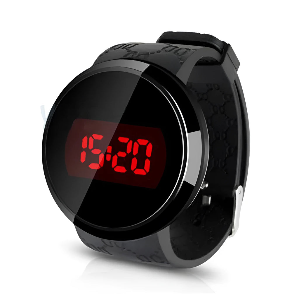 Men and women couple sports LED electronic touch watch with round glass dial and black PU strap