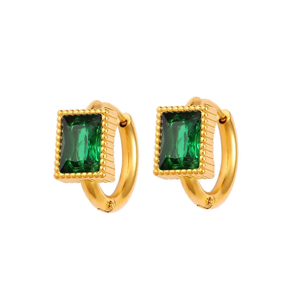 Square geometric stainless steel earrings with round ring details in white, black, or green colours
