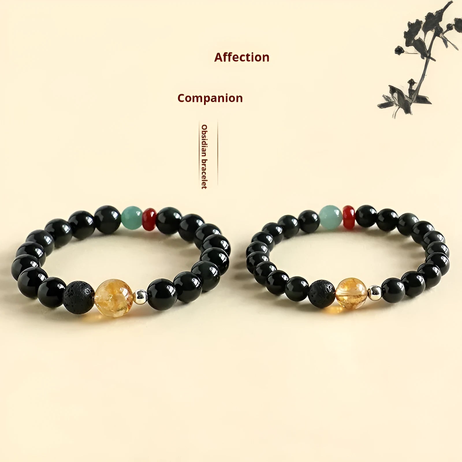 Chinese-style natural stone couple bracelet with obsidian, yellow tower crystal, agate, and jade beads.