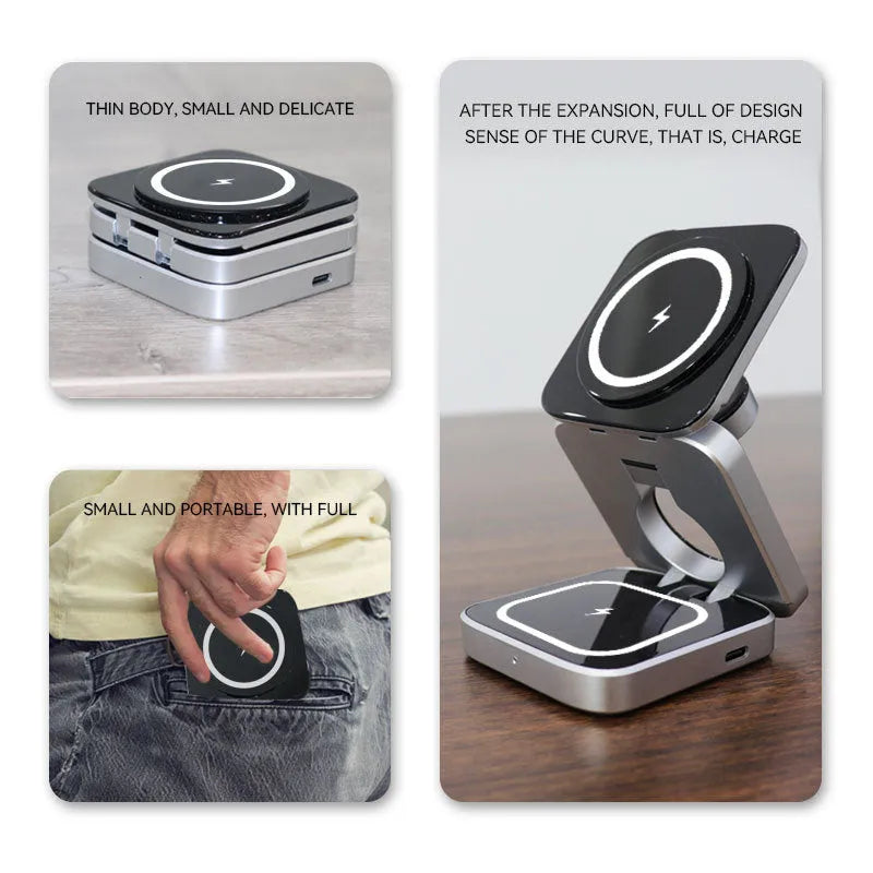 Three-in-one folding desktop wireless charging bracket for Apple Samsung and Google Pixel Watch with magnetic ring