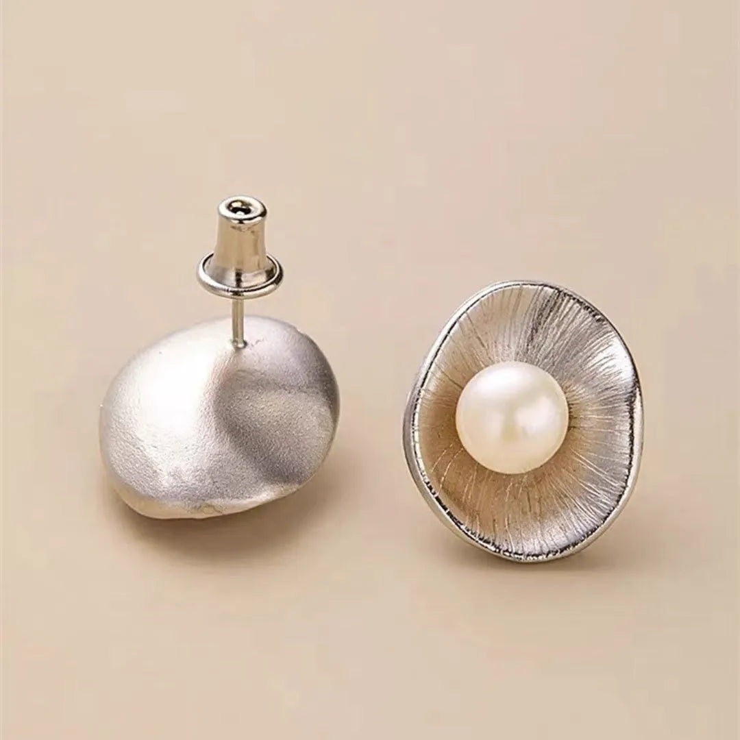Pearl sterling silver geometric stud earrings with electroplated gold finish