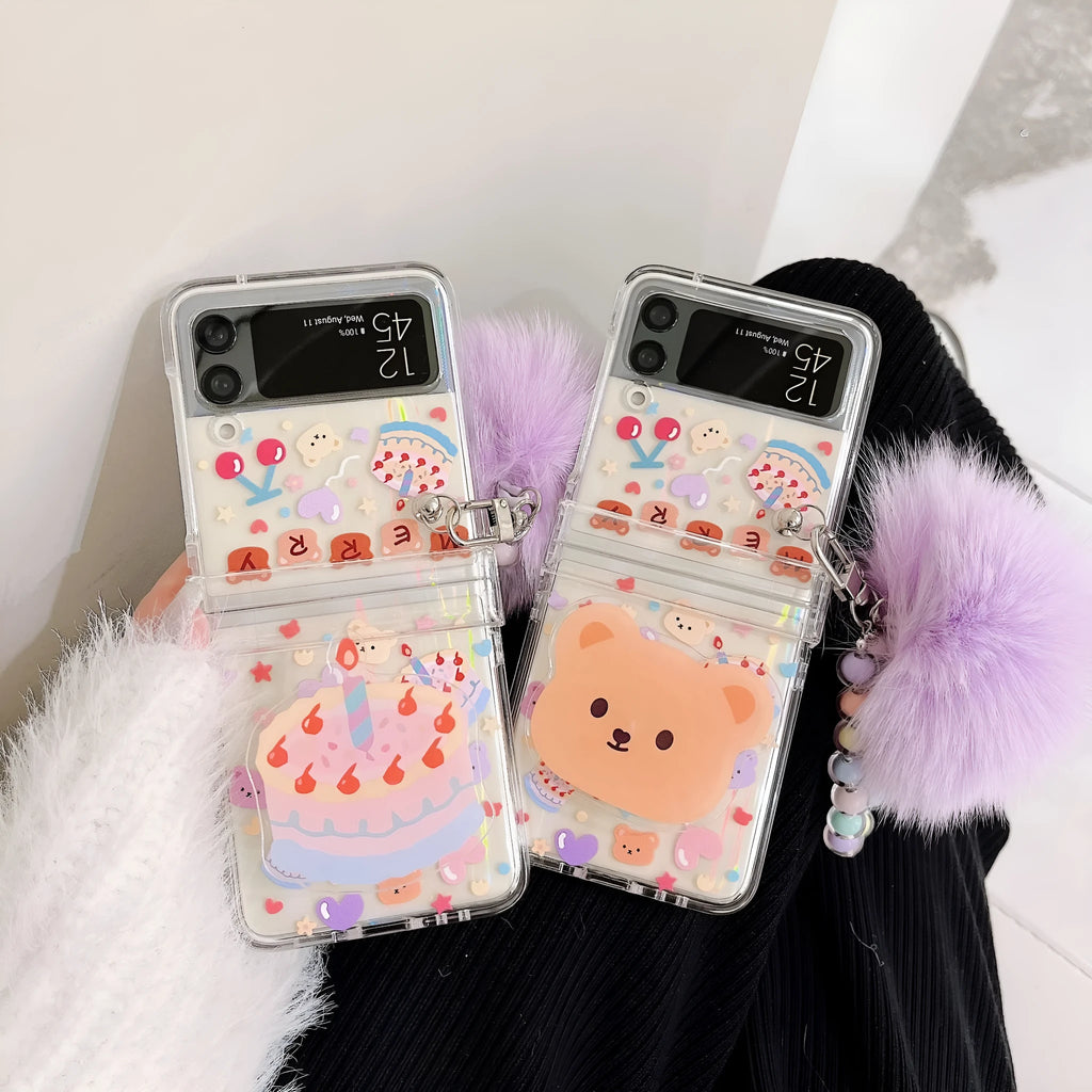 Transparent PC phone case with purple fur ball and cartoon bear head bracket for Samsung ZFlip3 and ZFlip4
