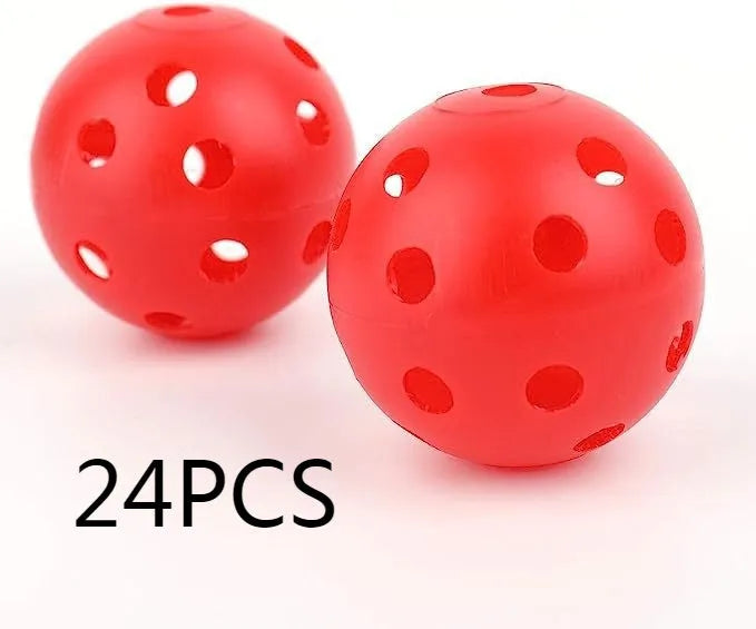 Assorted multi-colour 42mm golf practice balls with a net bag, shown next to practice putting holes.