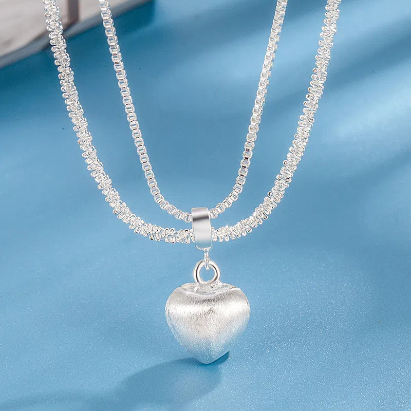 Double layer brushed heart pendant necklace for women with copper electroplating water wave chain