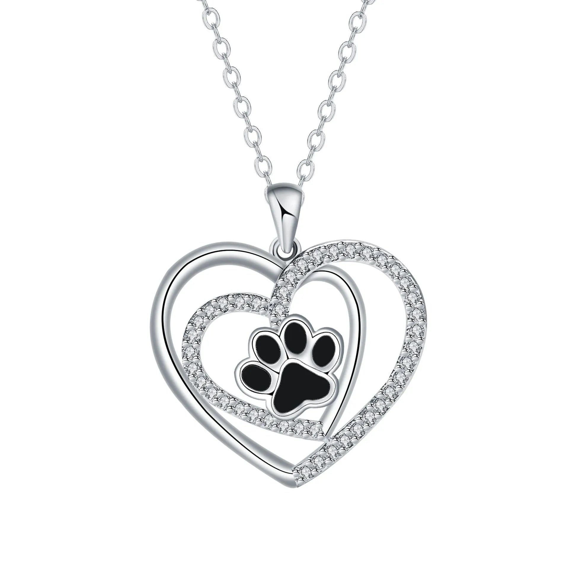 Women's copper necklace with dog paw print and heart detail pendant on cross chain.