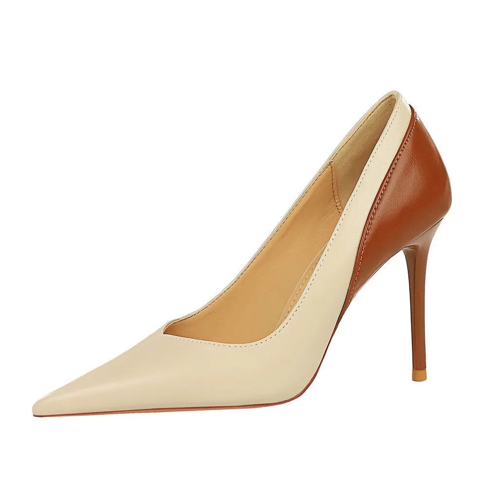 Colour block women's stiletto heel pumps with pointed toe in black and beige