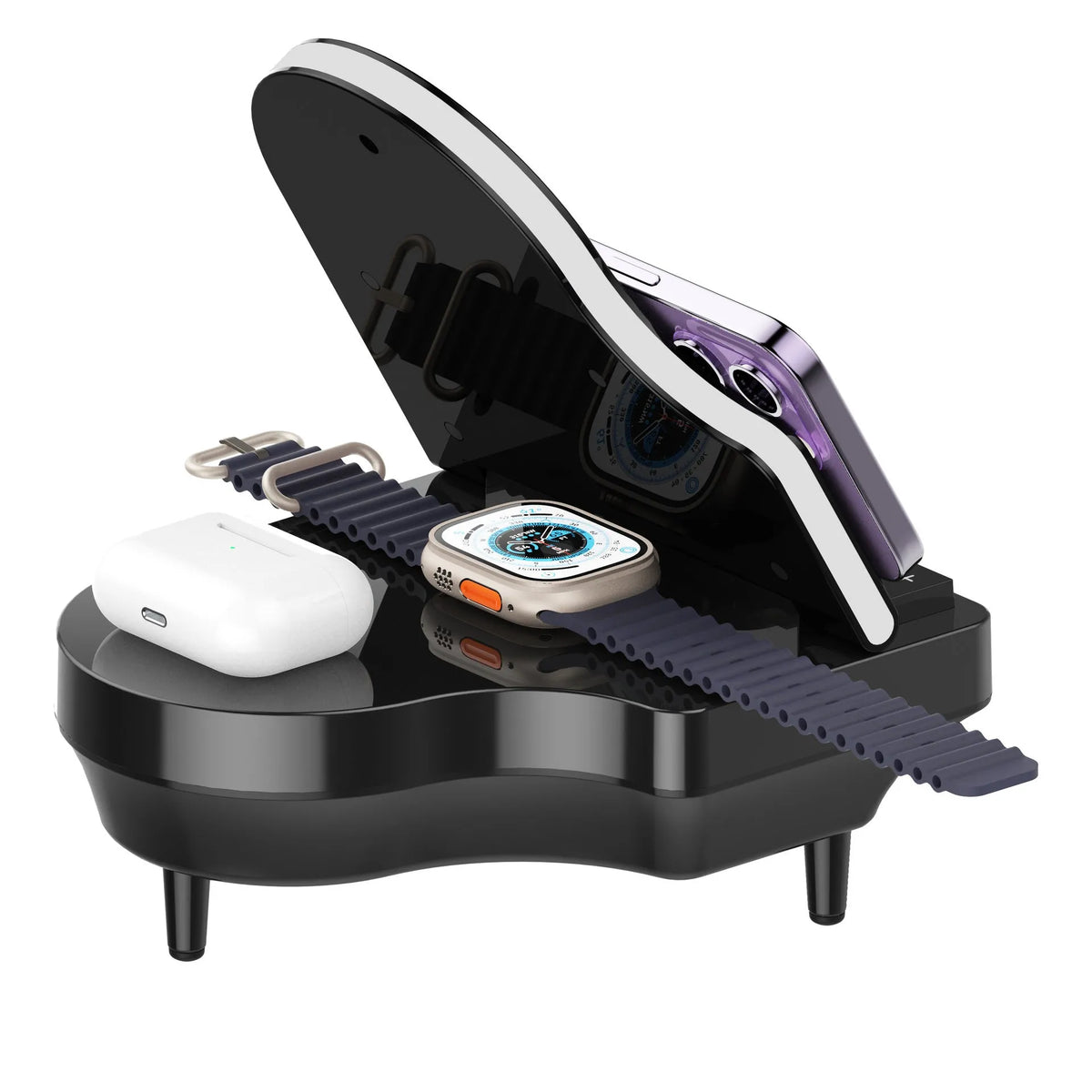 Black multi-function Bluetooth speaker with wireless charger and phone holder showing LED lighting
