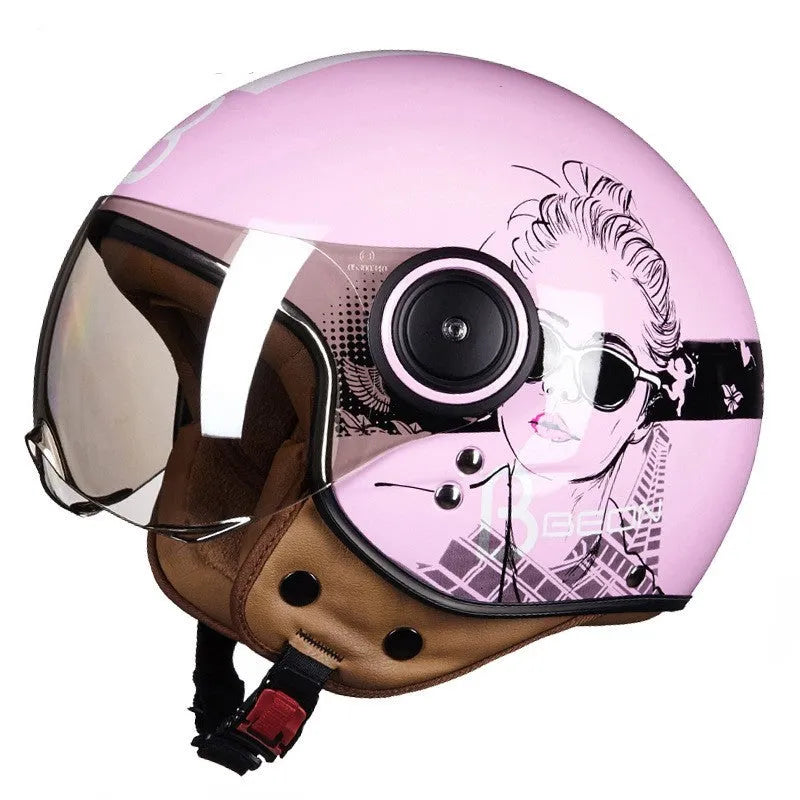 Retro-style half helmet for battery cars in bright blue and red colour combination showing ABS construction