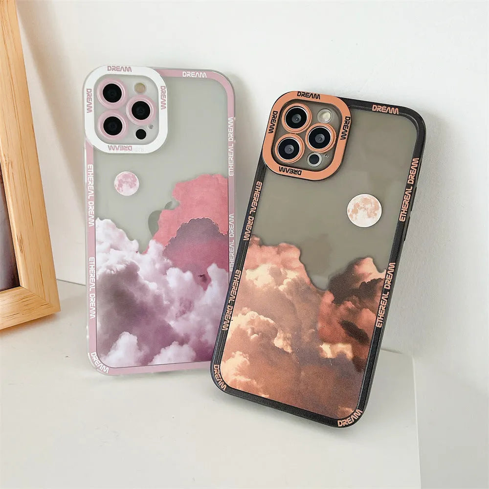 Sunset Clouds design TPU protective case for iPhone on a blue gradient background.