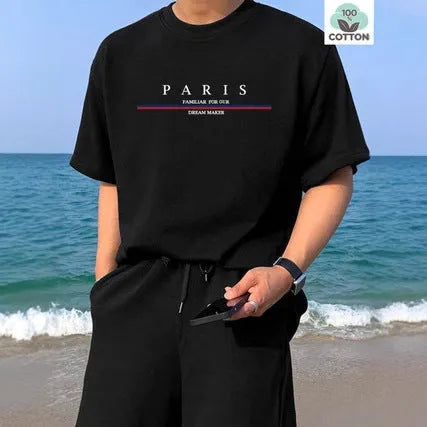 Men's casual cotton T-shirt with letter printing in loose fit, shown in apricot colour