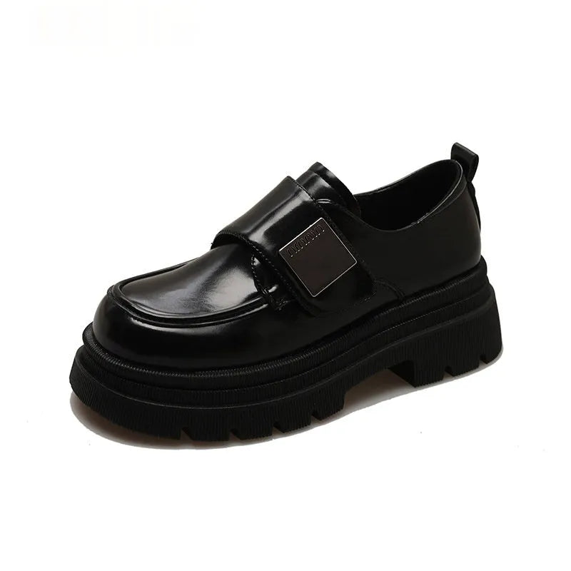 Women's chunky heel shoes with square heel and cross strap in British style, black microfiber upper, round toe