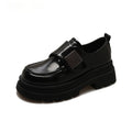 Women's chunky heel shoes with square heel and cross strap in British style, black microfiber upper, round toe