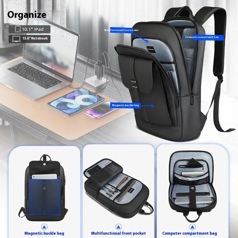 Black Oxford cloth backpack with visible stitching, shown on a neutral background