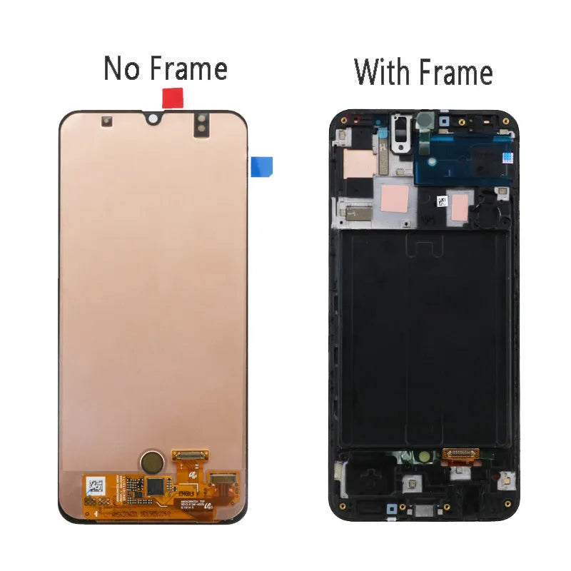 Samsung Galaxy A50 and A50S black smartphone screen replacement assembly showing LCD, frame and digitiser.