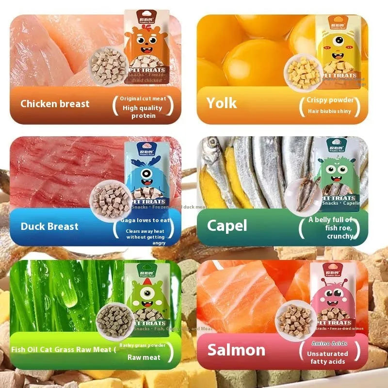 Pack of freeze-dried pet snacks with chicken and egg yolk flavours for dogs and cats, 9-25g bags