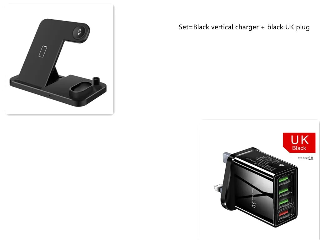 A white 4-in-1 wireless charging station with an iPhone, Apple Watch, and AirPods charging on its adjustable, foldable stand.