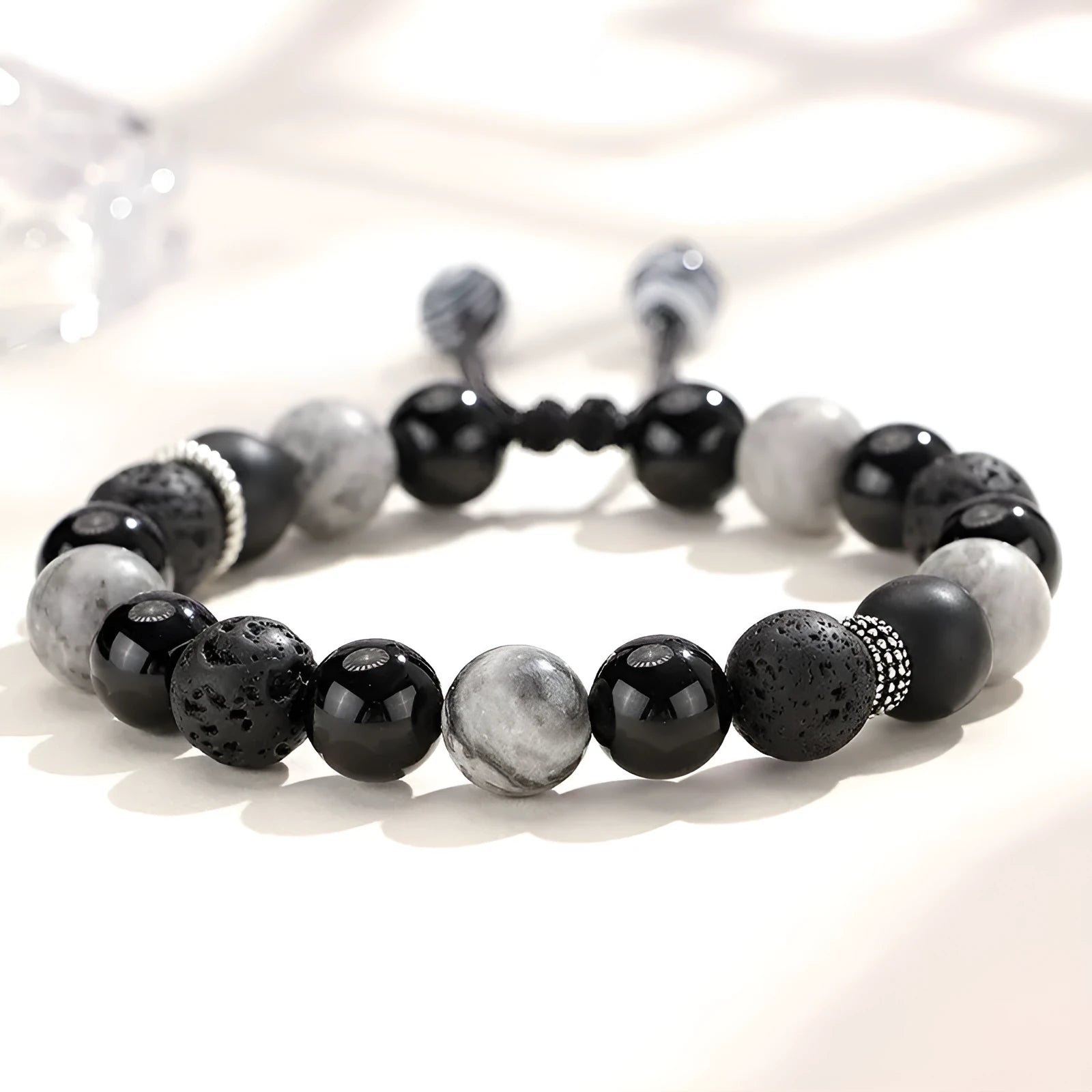 Black agate map stone unisex bracelet with volcanic rock in diamond shape, 8mm and 10mm sizes