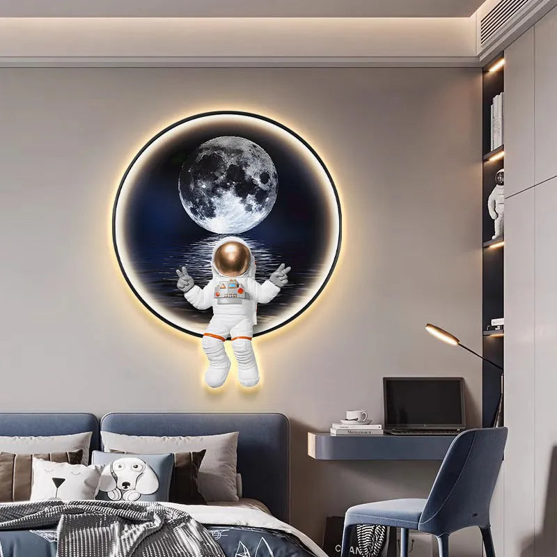 Spaceman astronaut themed children's wall painting with optional USB LED lights on canvas with MDF backing