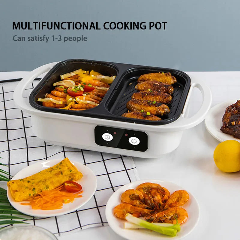 White electric casserole appliance with dual hot pot and frying oven functions on kitchen counter