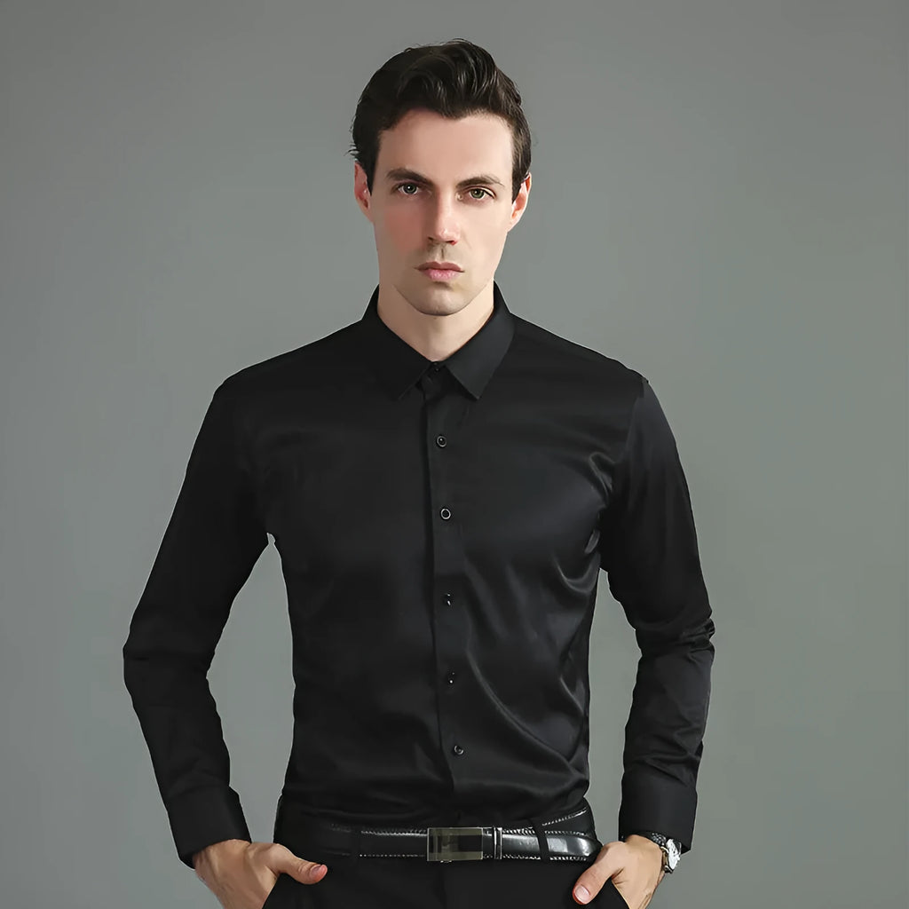 Casual long sleeve shirt with four-way stretch in slim fit, solid colour, synthetic fibre blend
