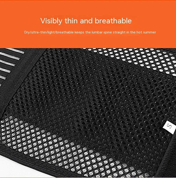 Black sports waist support belt with steel plate insert for lumbar protection during fitness activities