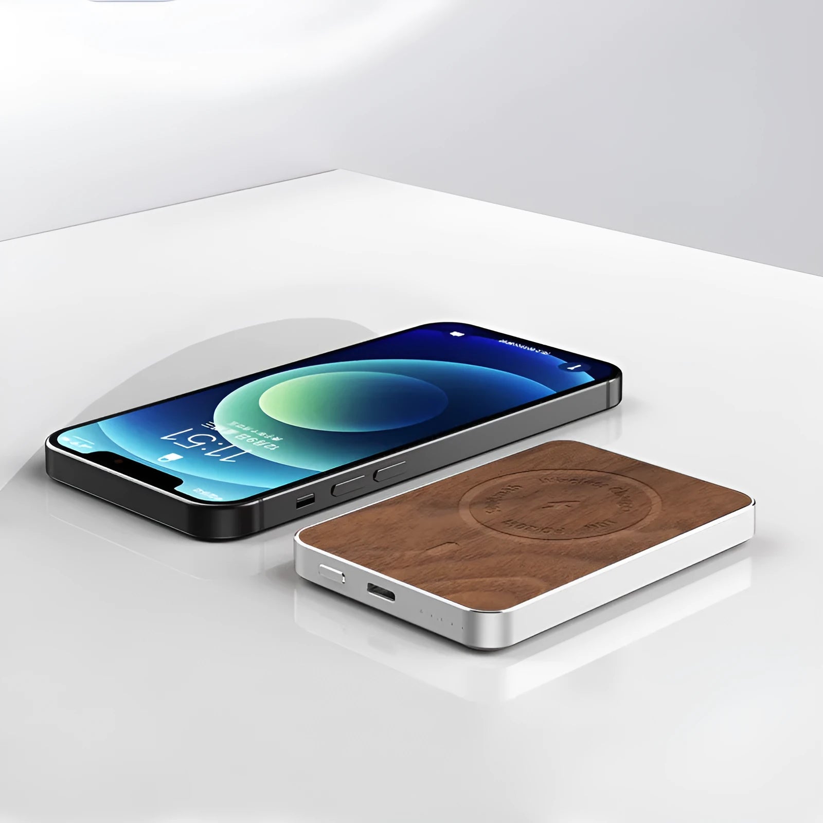 Khaki coloured alloy wireless charging power bank showing compact size and USB port
