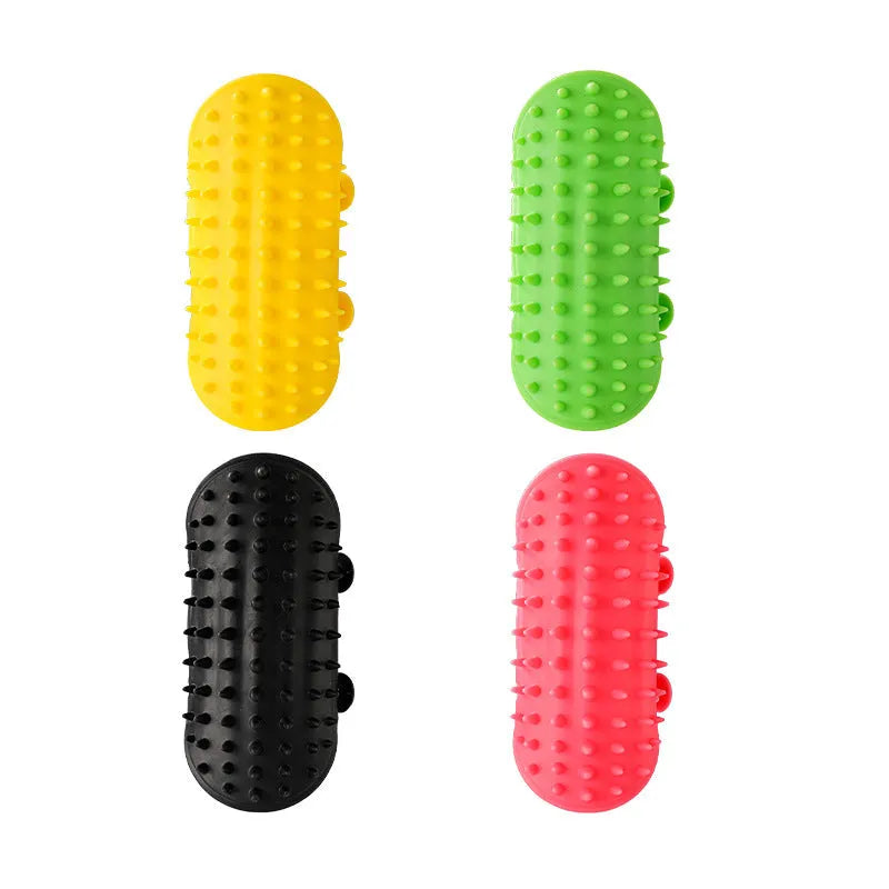 Silicone cat grooming and scratching comb with adjustable strap in black, green, pink, or yellow.
