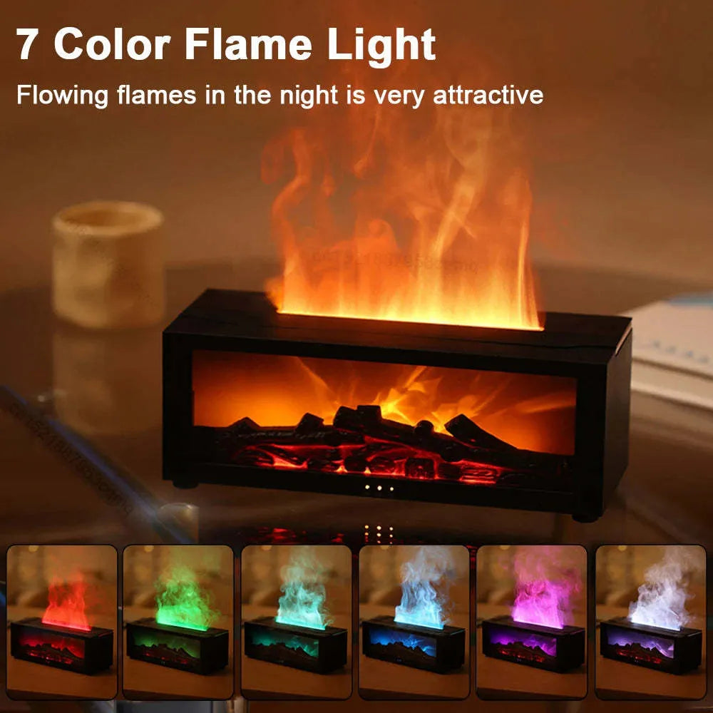 Square flame aromatherapy machine with LED 3D flame effect, seven colour mood lights, and remote control.