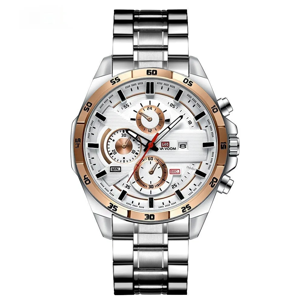 Men's casual quartz watch with calendar display on leather strap, shown in rose gold and black colour option.