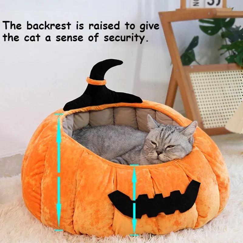 Halloween pumpkin cat bed with cartoon devil design in soft plush material