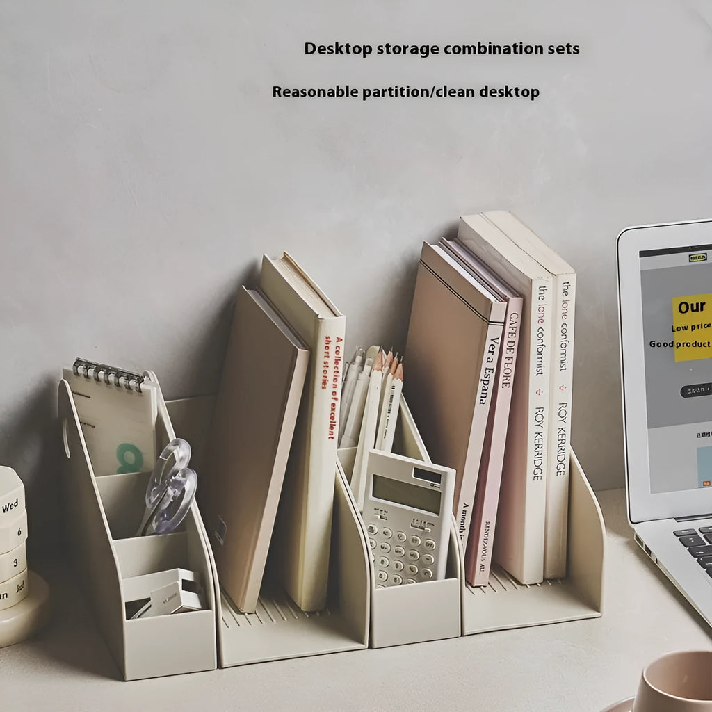 Plastic desktop organiser box with two internal shelves in ivory white colour