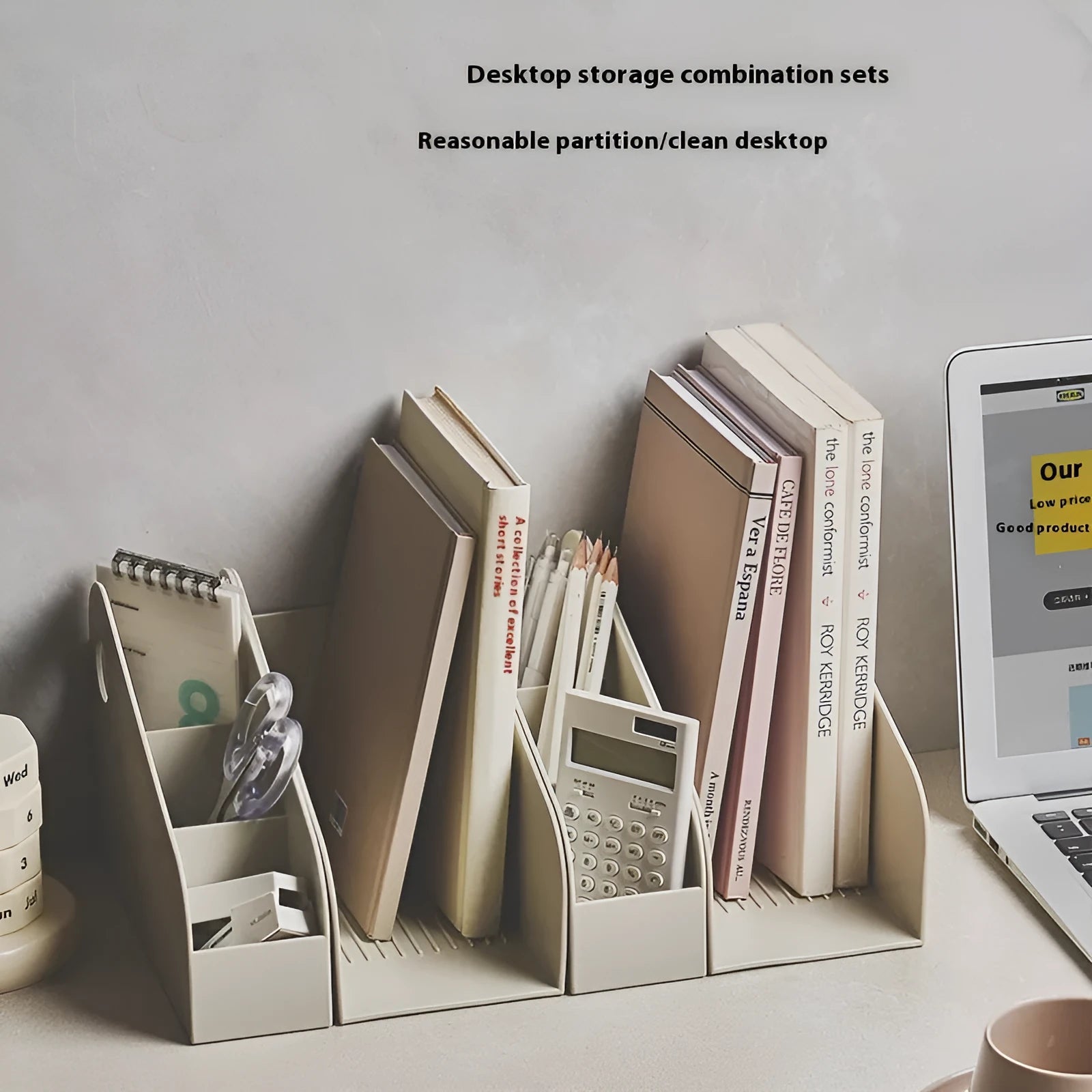 Plastic desktop organiser box with two internal shelves in ivory white colour