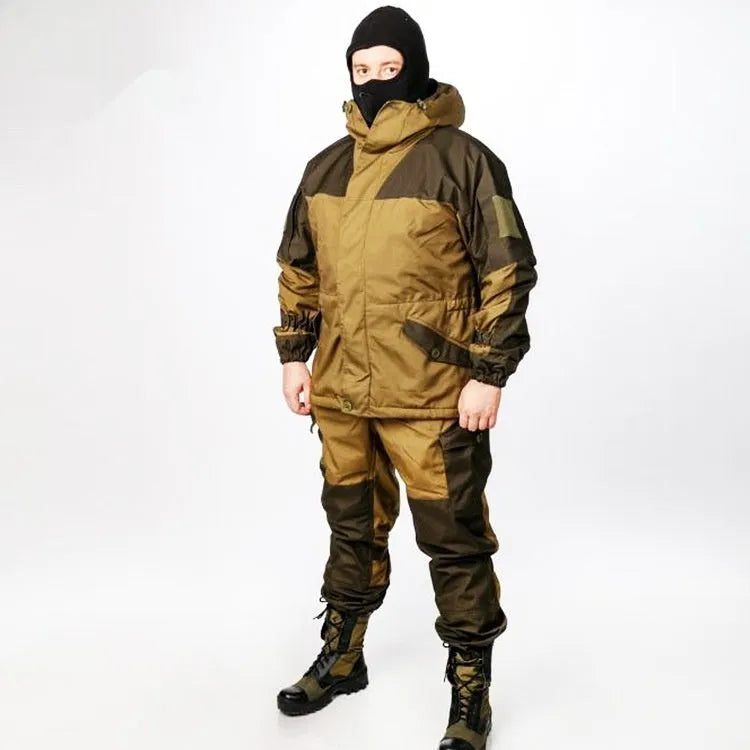 Men's Special Forces tactical combat uniform in cotton blend, featuring jacket and trousers, shown in camouflage green.