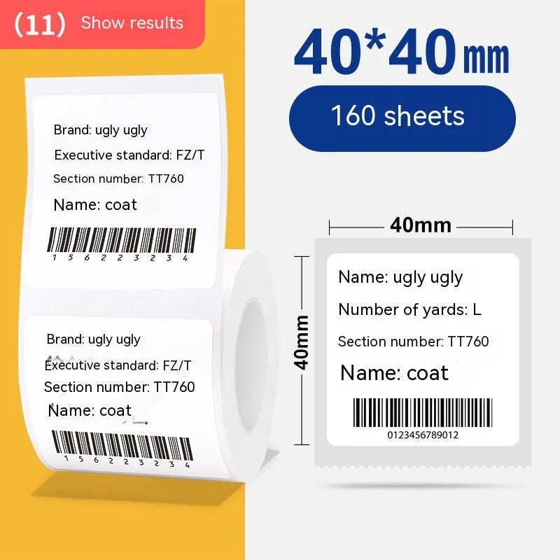 Roll of white 40x40mm thermosensitive adhesive label paper for thermal printers.