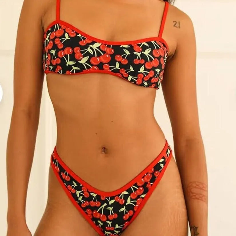 Cherry print tube top bikini swimsuit for women, polyester two-piece with briefs-style bottoms.