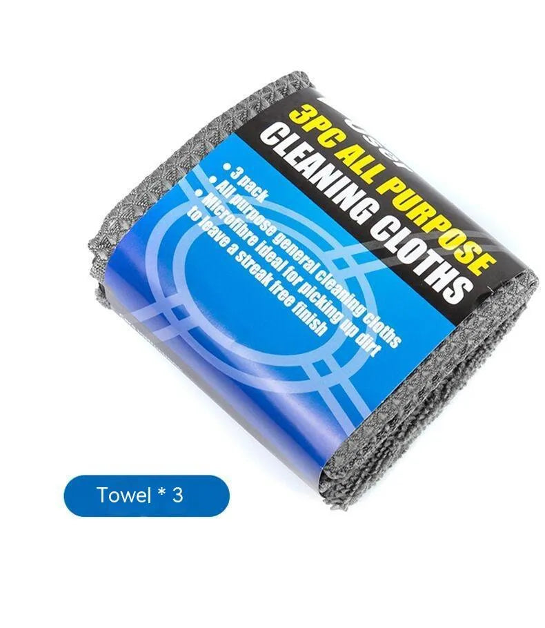 9-piece grey microfiber car wash set with gloves, sponge, tire brush, waxing wipes, and towels