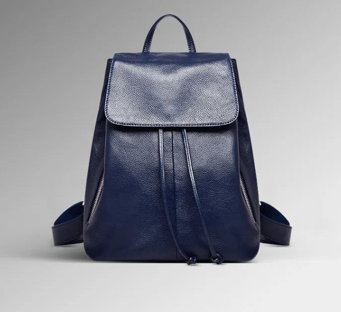 Black Korean-style genuine leather women's backpack with multiple interior compartments and street fashion design