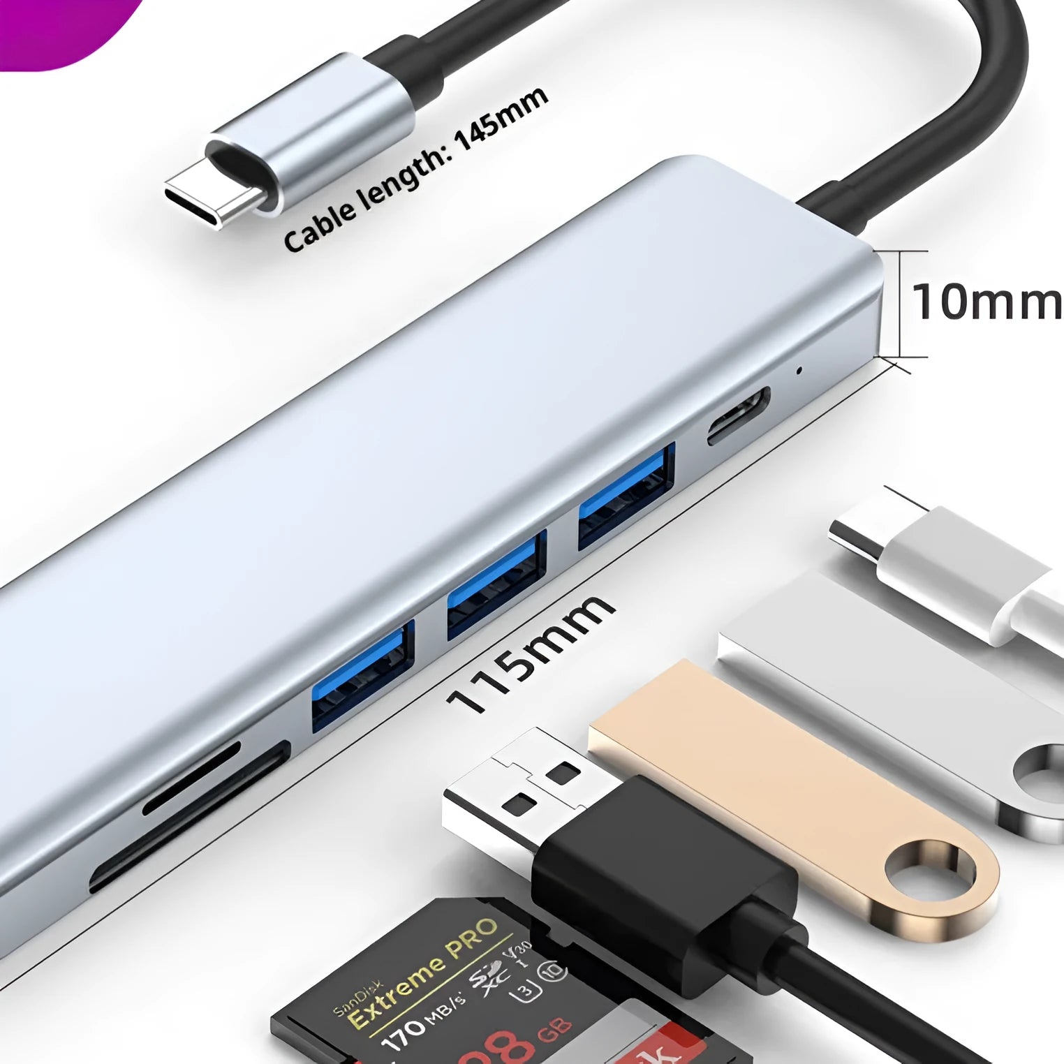 Silver 7-in-1 USB C hub docking station with HDMI, USB ports, and card readers on a desk.