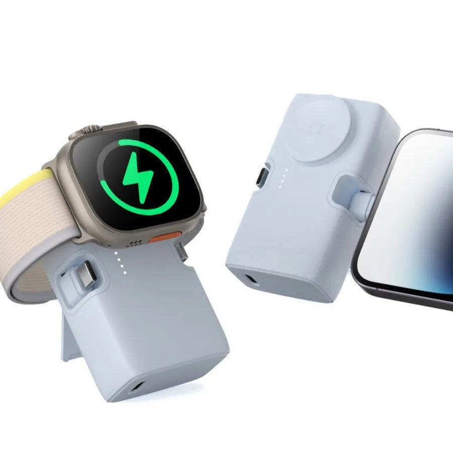 Compact white plastic wireless power bank with 5000mAh capacity, shown with dimensions 10.5cm by 5cm.